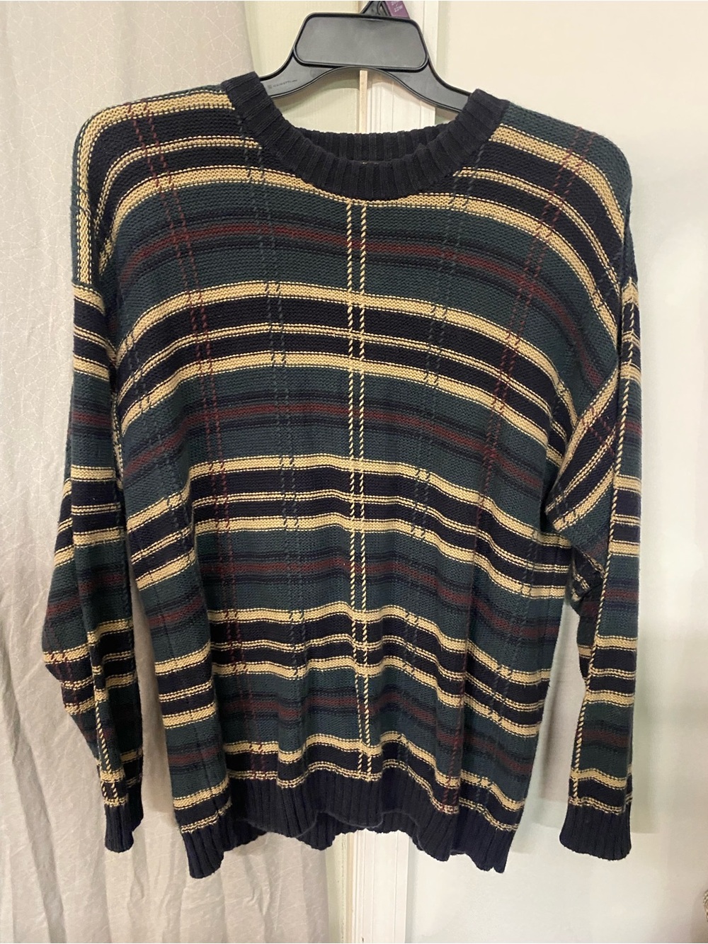 Men's Crewneck Striped Sweater in Navy, Cream & Forest Green